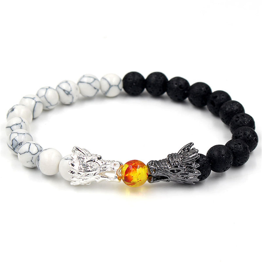 Beaded bracelet with dragon charm, black lava rock and white stone beads
