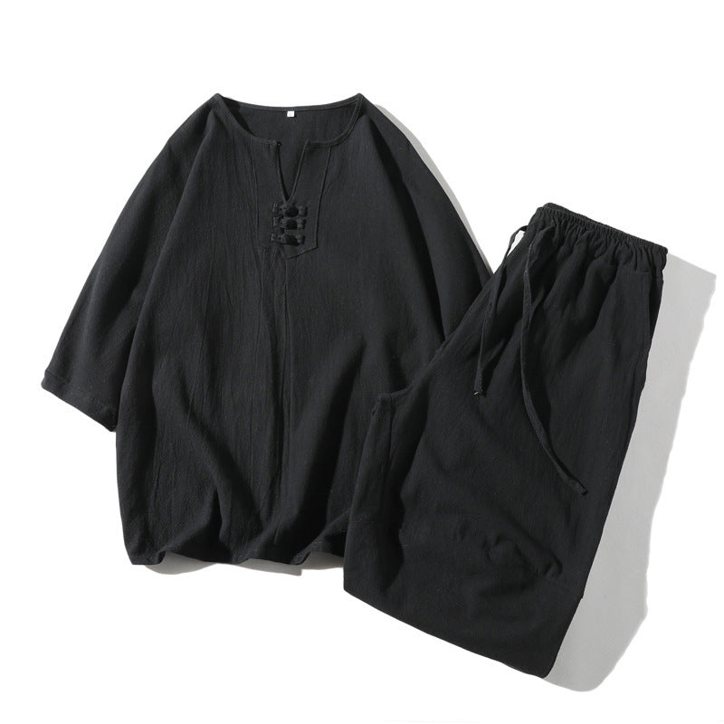 Men's Meditation Cloth Set: Cotton Linen T-Shirt and Wide Leg Shorts