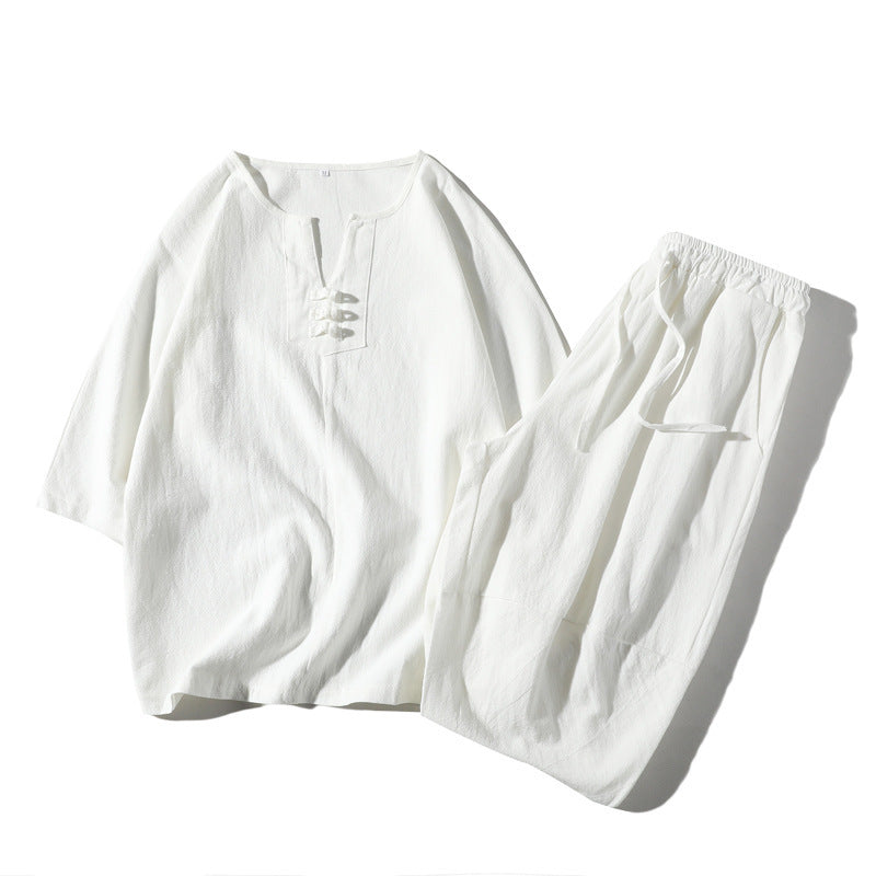 White cotton linen men's meditation cloth set with short sleeve top and wide leg shorts