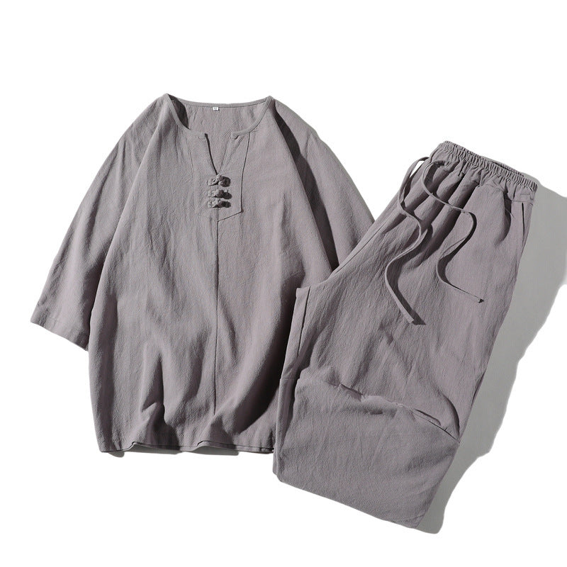 Men's Meditation Cloth Set: Cotton Linen T-Shirt and Wide Leg Shorts