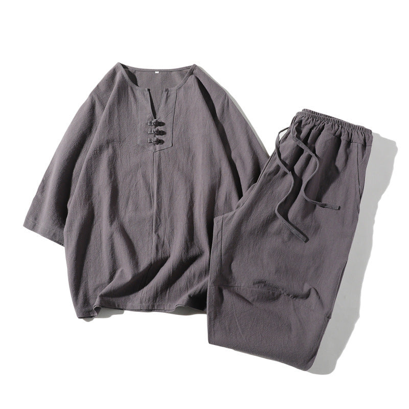Men's Meditation Cloth Set: Cotton Linen T-Shirt and Wide Leg Shorts