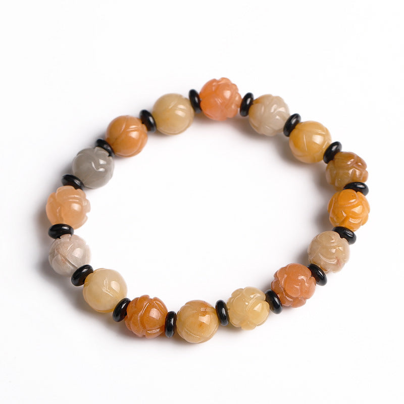 Golden Silk Jade Lotus Bracelet, Natural Stone Beads