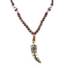 Four variations of a wooden bead necklace with a decorative horn-shaped pendant