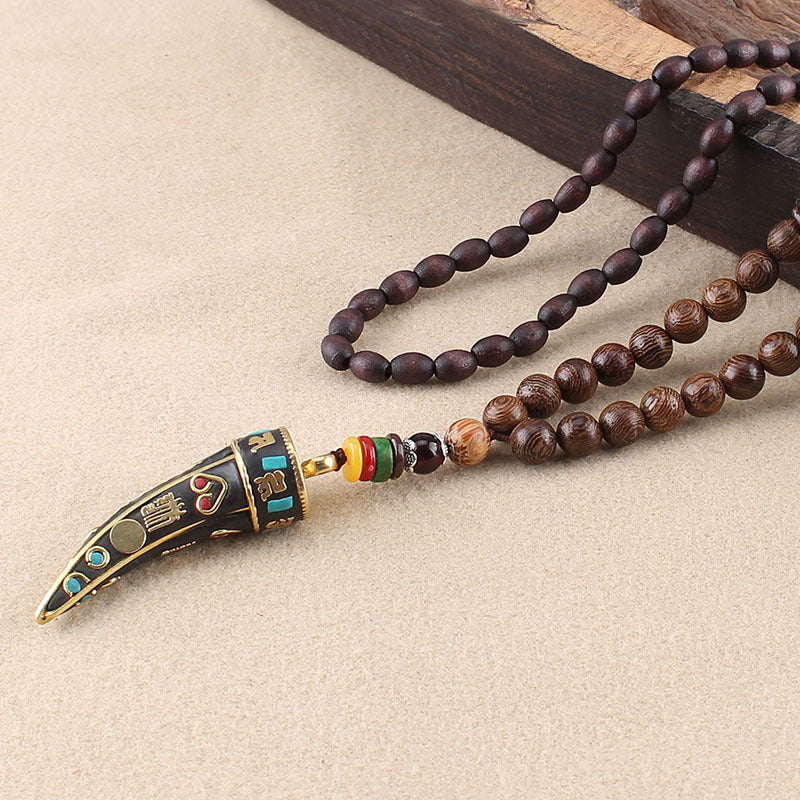 Wood Horn Pendant Necklace with Mantra Beads