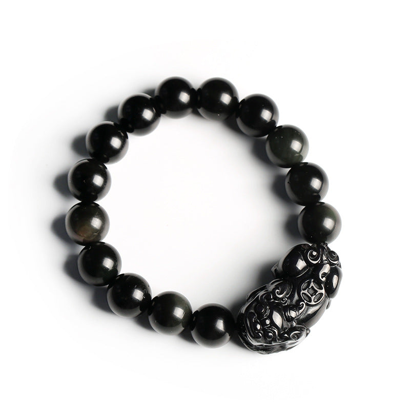 Natural Black Obsidian Pixiu Bracelet with Rainbow Eye