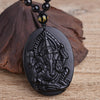 Black Obsidian Ganesha Necklace - Carved Elephant Pendant