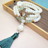 White Bodhi Seed Mala Bracelet 108 Beads Lotus Tassel