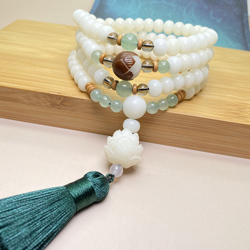 White Bodhi Seed Mala Bracelet 108 Beads Lotus Tassel