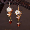 Gold-Tone Flower Pearl Drop Earrings with Stone Beads