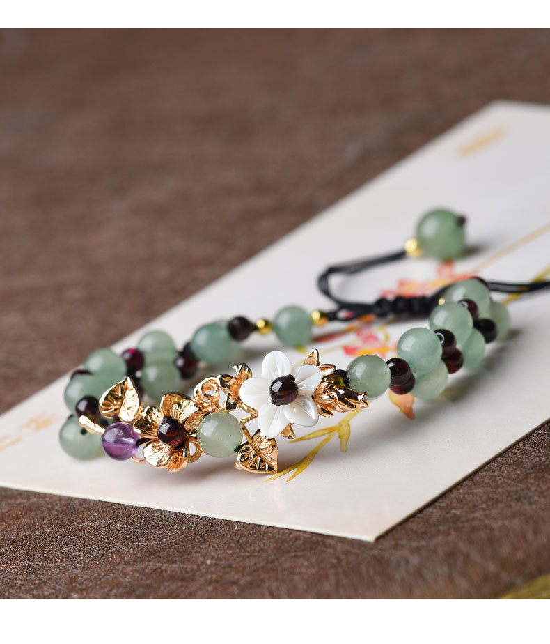 Green Aventurine Garnet Bead Flower Petal Luck Bracelet