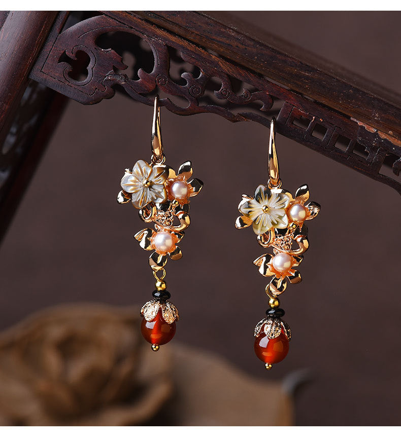 Gold-Tone Flower Pearl Drop Earrings with Stone Beads