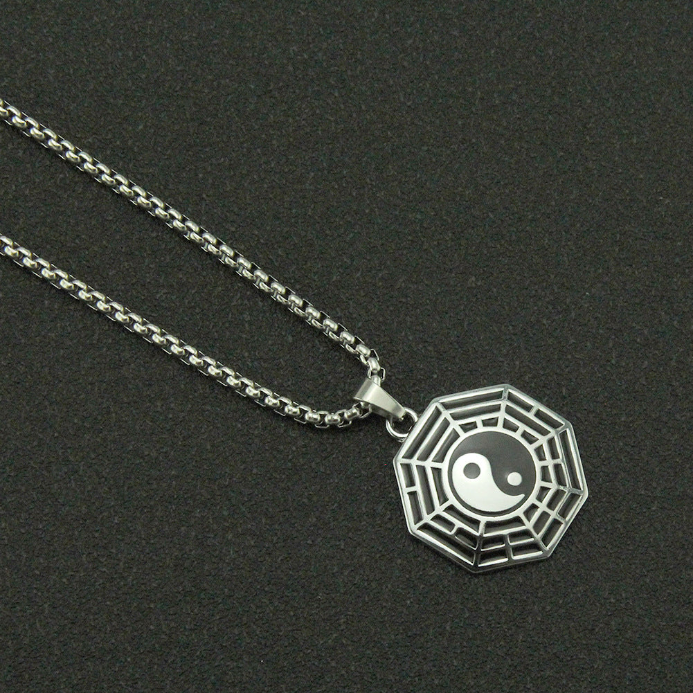 Silver tone necklace with octagonal Bagua pendant featuring Yin Yang symbol