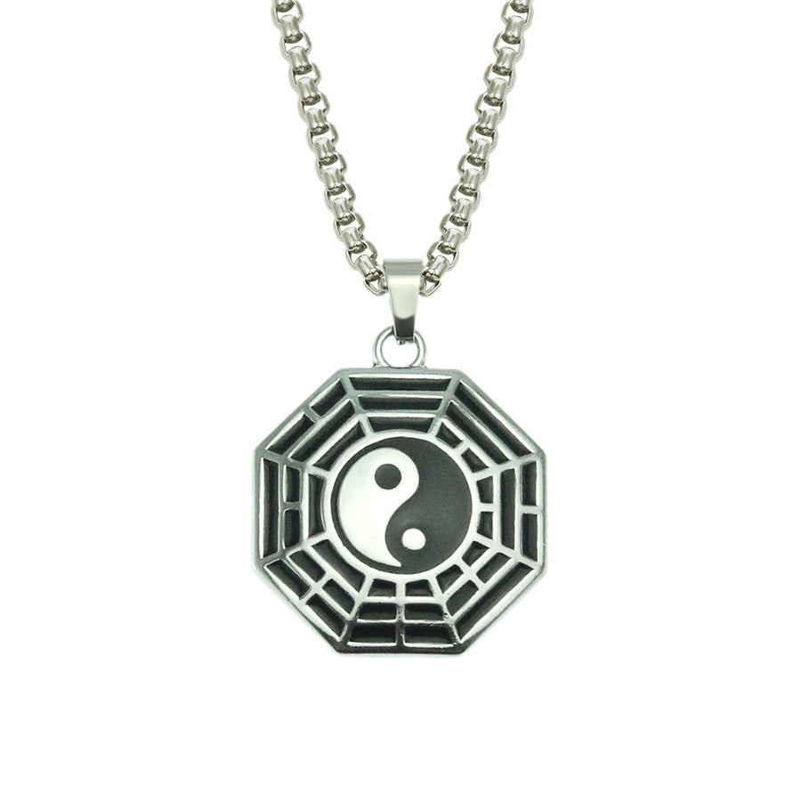 Yin Yang Necklace Pendant with Bagua Symbol in Silver Tone