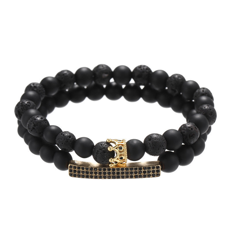 Frosted Lava Rock Bracelet Set with Crown Charm