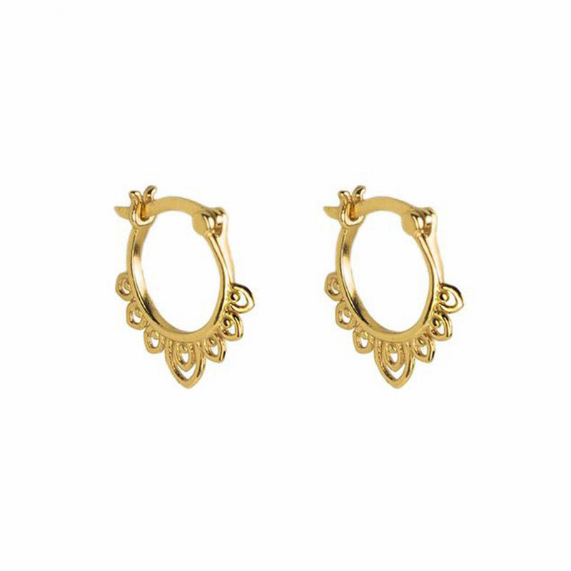 Lotus Flower Pattern Hoop Earrings, 925 Silver Posts