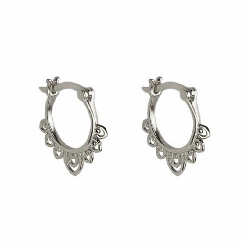 Lotus Flower Pattern Hoop Earrings, 925 Silver Posts