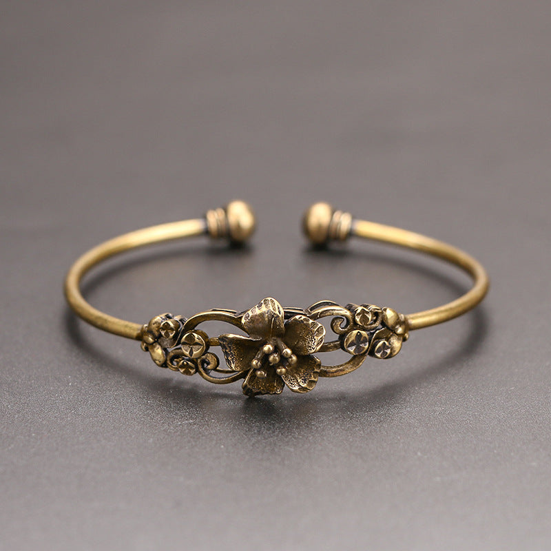 Antique Brass Flower Cuff Bracelet, Open Bangle