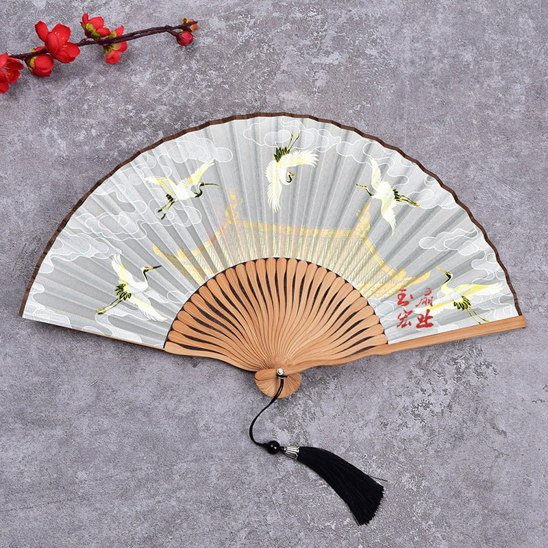 Cranes Auspicious Clouds Solid Color Gradient Handheld Bamboo Folding Fan