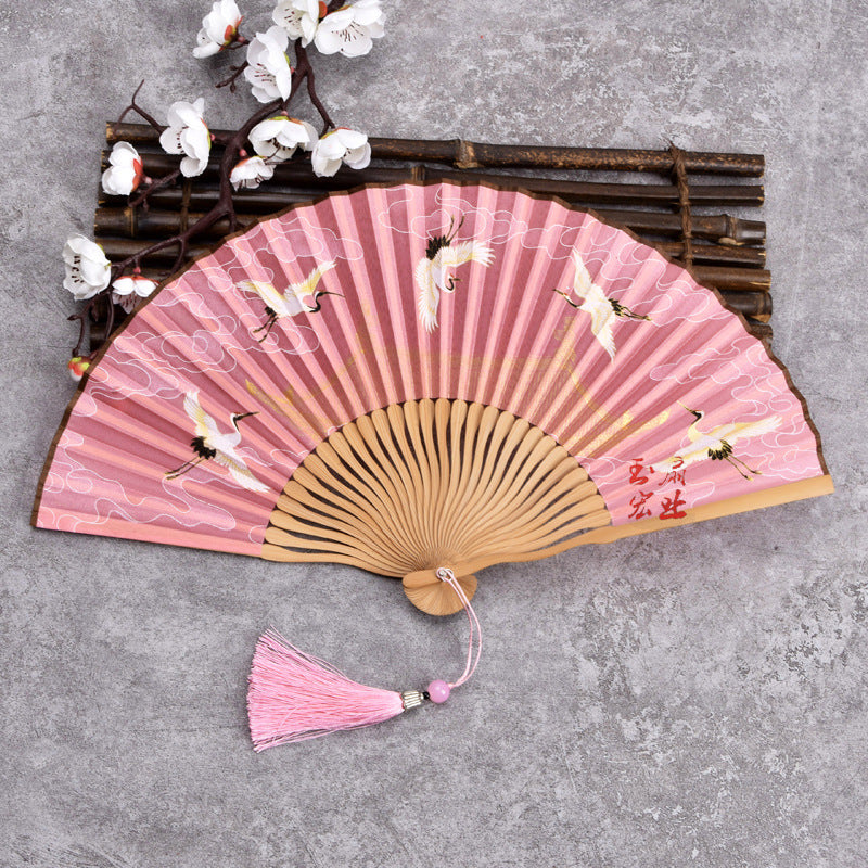 Cranes Auspicious Clouds Solid Color Gradient Handheld Bamboo Folding Fan
