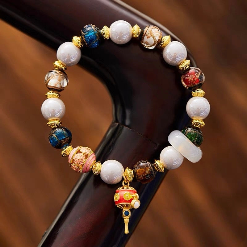 Vintage Mixed Gemstone Beaded Bracelet with Lantern Charm