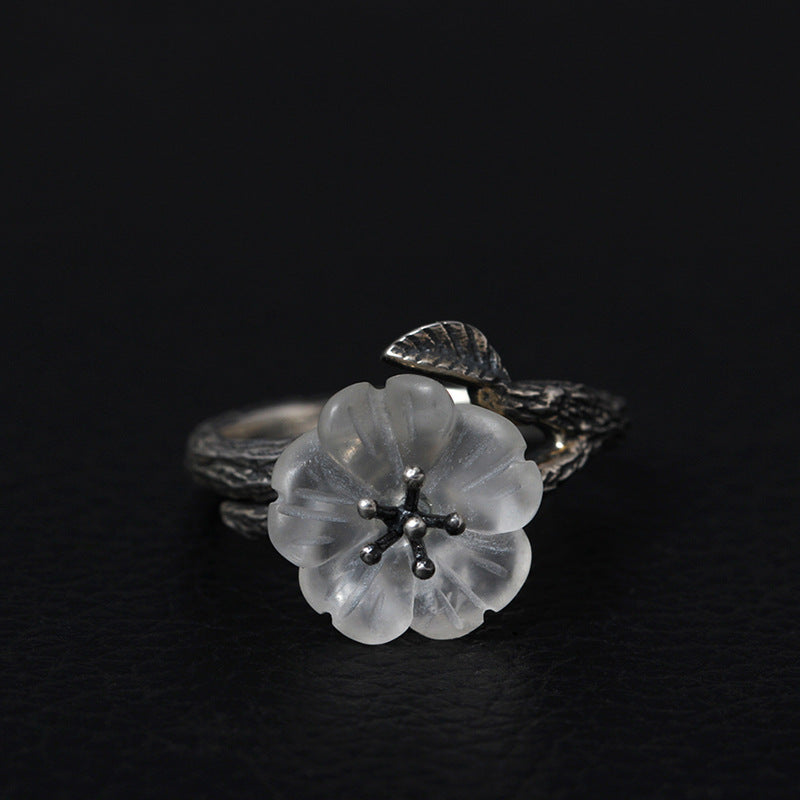 Sterling Silver Crystal Plum Blossom Adjustable Ring