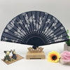Blue Floral Silk Handheld Folding Fan with White Patterns