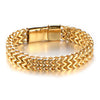 Close-up of a gold-tone woven stainless steel bracelet with a magnetic clasp on a white background