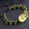 Yellow crystal Pixiu charm bracelet with round beads and green knots