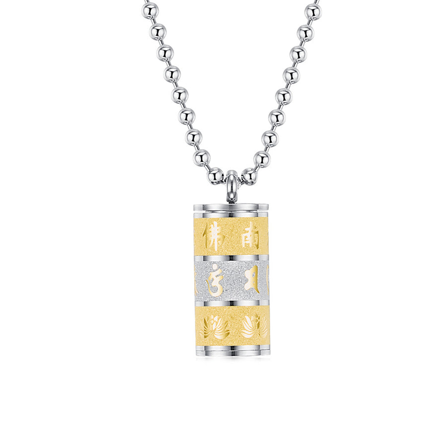 Titanium Steel Prayer Wheel Necklace with Lotus and Mantra