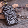 Black Obsidian Dragon Pendant Necklace, Rectangular Carved Stone