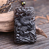 Black Obsidian Dragon Pendant Necklace, Rectangular Carved Stone