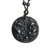 Black obsidian necklace with a carved double pixiu pendant on a beaded cord