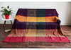 A colorful patchwork chenille throw blanket draped over a wooden surface showing geometric patterns