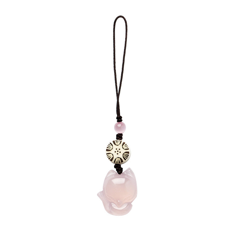 Chalcedony Fox Phone Charm, Handwoven Stone Pendant