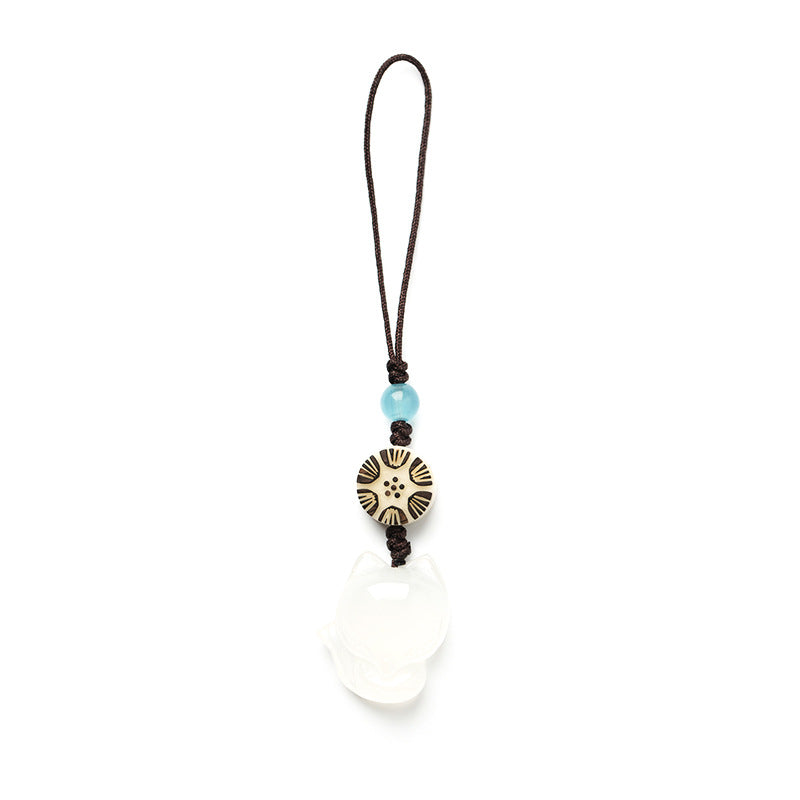 Chalcedony Fox Phone Charm, Handwoven Stone Pendant