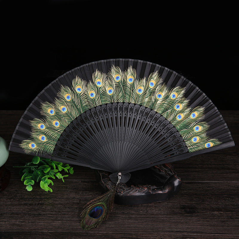 Peacock Feather Handheld Bamboo Folding Fan 21.5cm