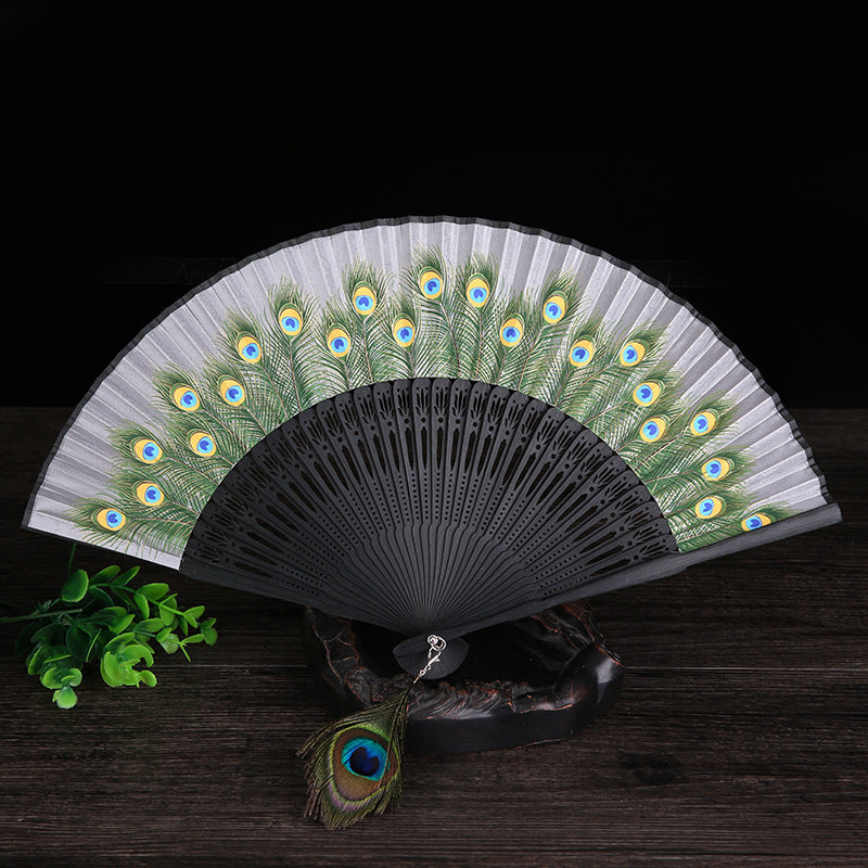 Peacock Feather Handheld Bamboo Folding Fan 21.5cm