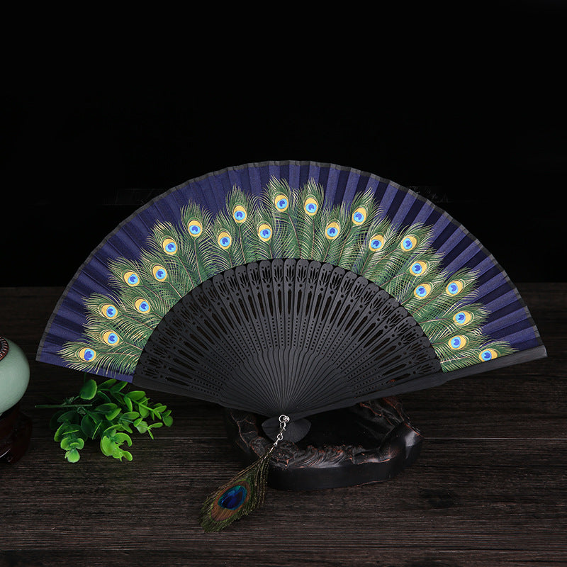 Peacock Feather Handheld Bamboo Folding Fan 21.5cm