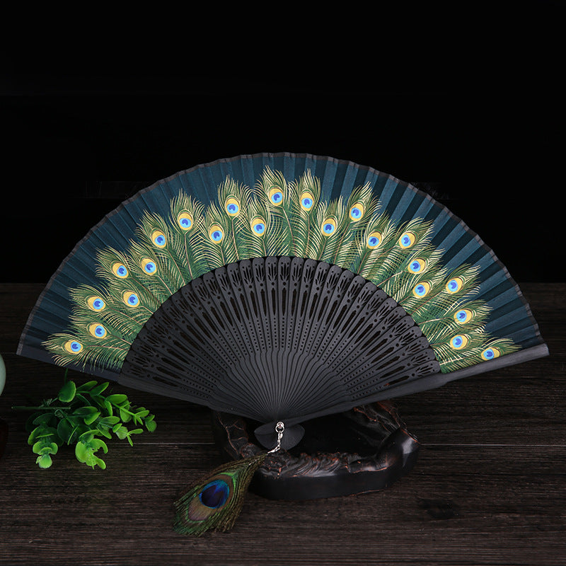 Peacock Feather Handheld Bamboo Folding Fan 21.5cm