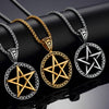 Three titanium steel pentagram necklaces displayed on a reflective surface