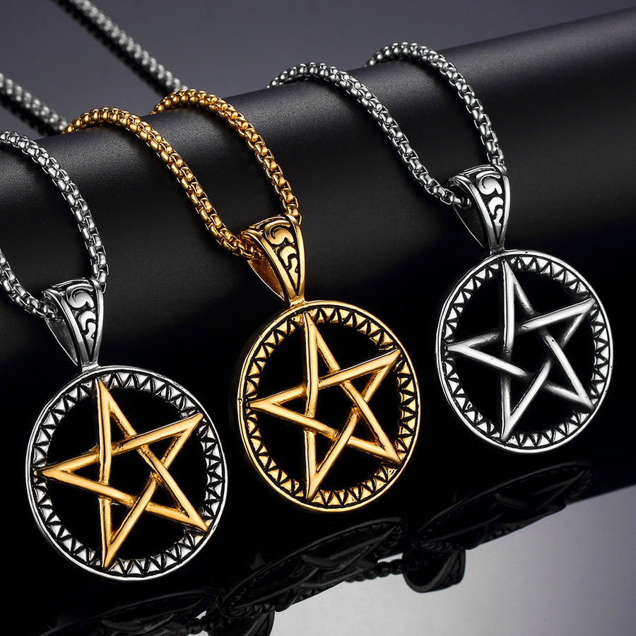 Three titanium steel pentagram necklaces displayed on a reflective surface