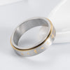 Silver tone rotatable ring with gold trim and engraved mantra text