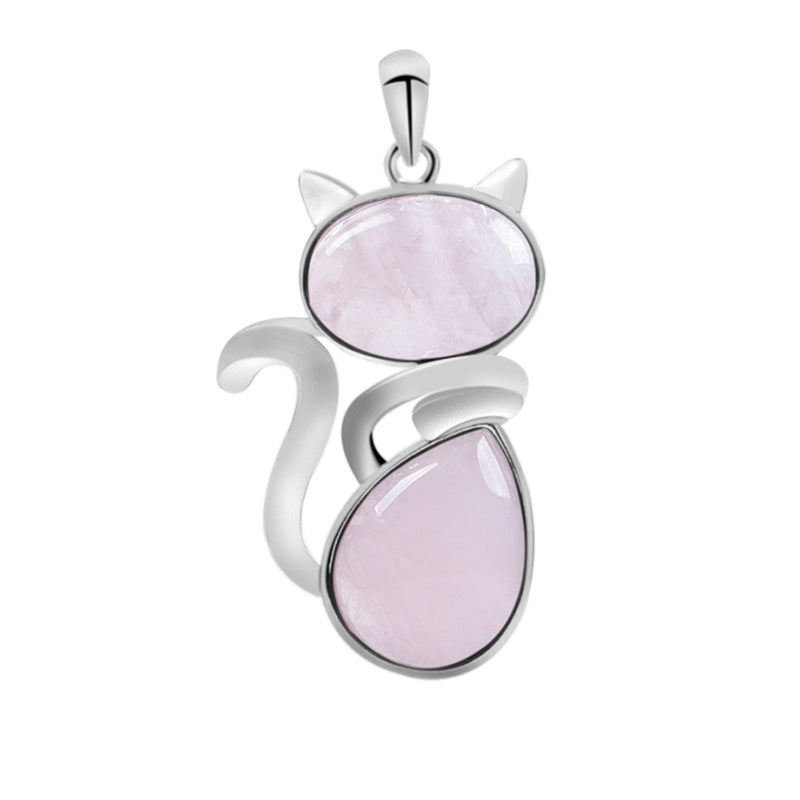 Natural Stone Cat Pendant Necklace, Cute Animal Jewelry