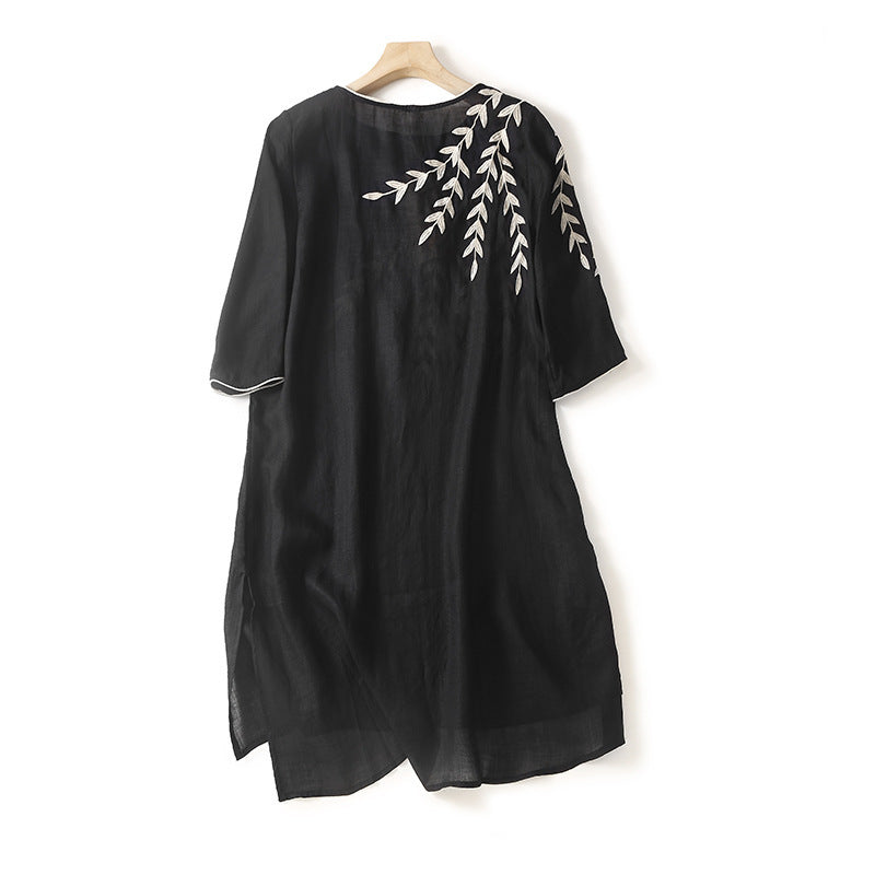 Black cotton linen midi dress with white leaf embroidery on the shoulder