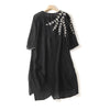 Black cotton linen midi dress with white leaf embroidery on the shoulder