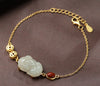Jade Pixiu Coin Bracelet with Red Agate and Gold Tone Chain