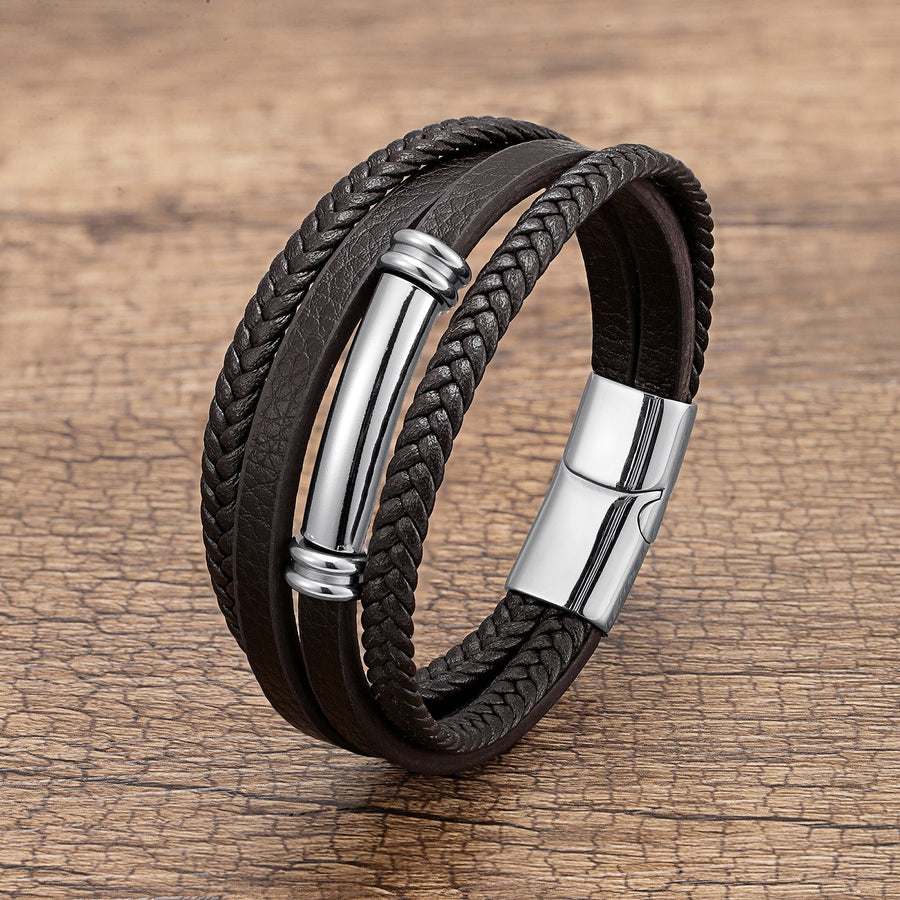 Multi-Layer Braided Leather Bracelet with Stainless Steel Clasp