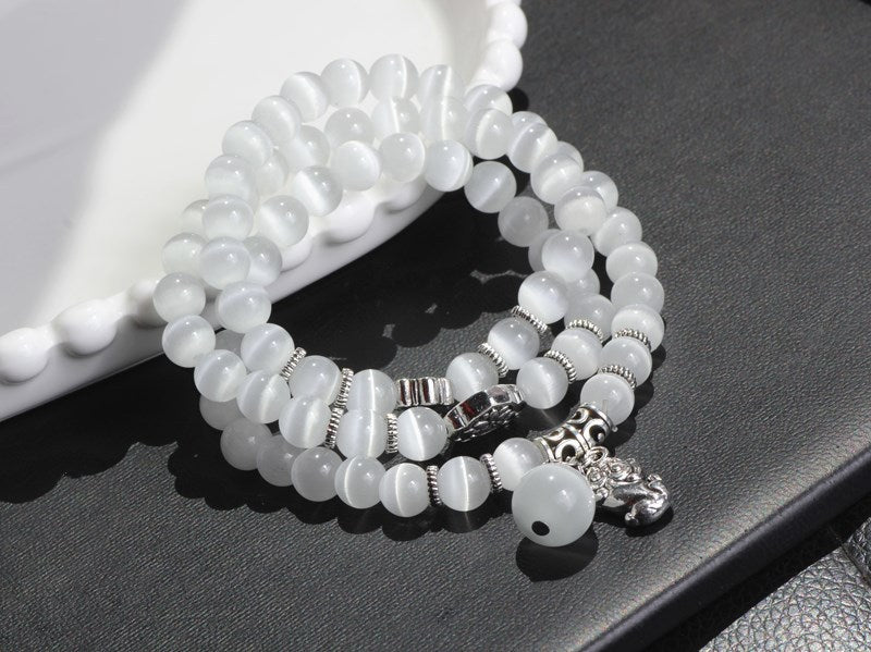 Cat Eye Triple Wrap Bracelet with Lucky Cat Charm