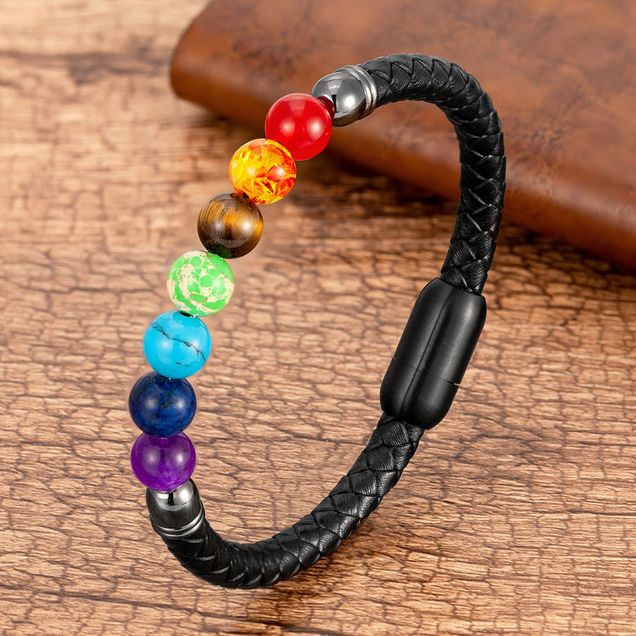 Stone Bead Leather Bracelet Unisex