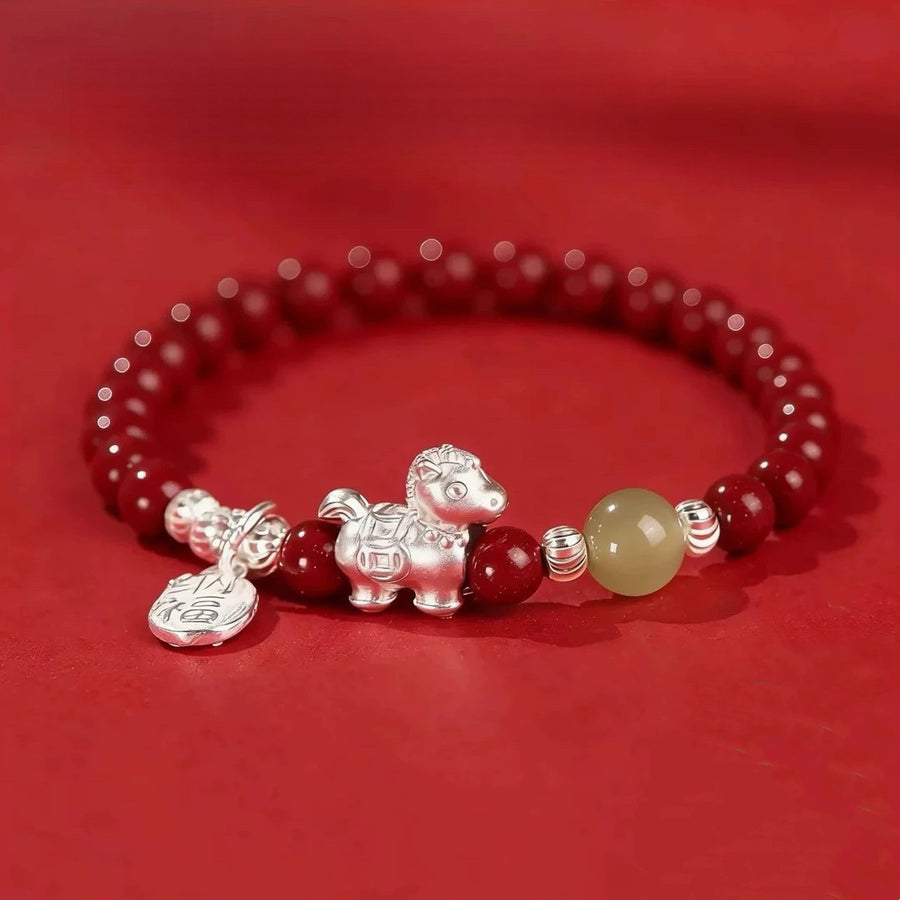 Year of the Horse Cinnabar Bracelet with Silver Tone Charm